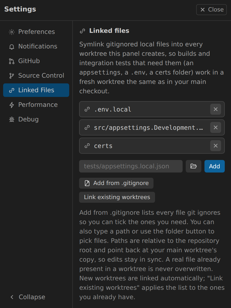 Settings, Linked Files tab: a list of gitignored paths symlinked into every worktree, with Add from .gitignore and Link existing worktrees buttons