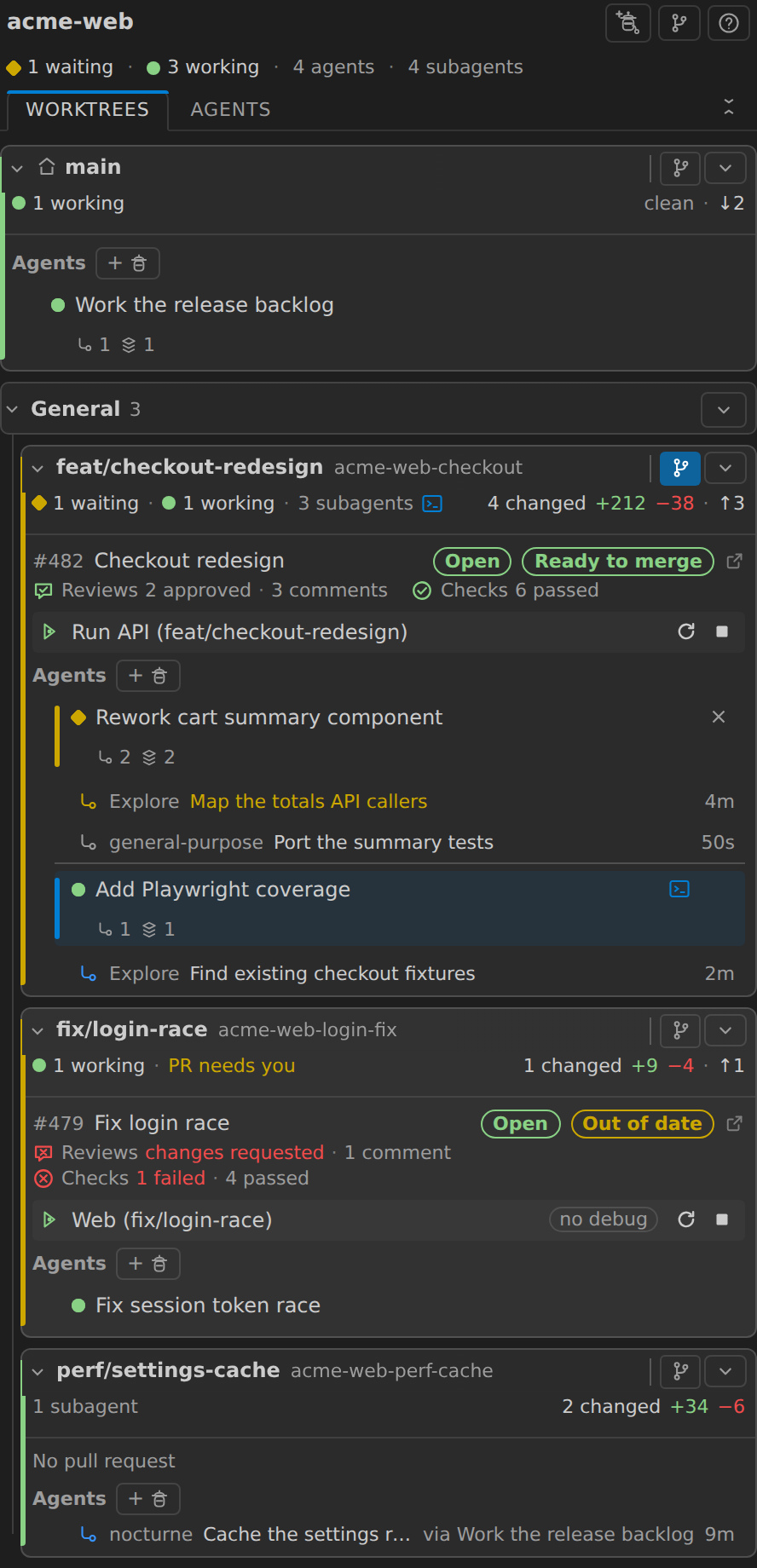 The Agent Worktrees panel: four worktrees, each with a status stripe, a status line, its pull request and its running Claude agents