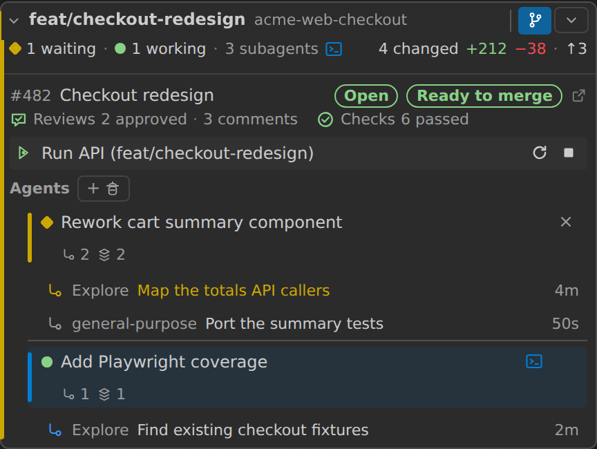 A worktree card showing its PR number, title, state badge, a Ready to merge flag, and its reviews and checks in words
