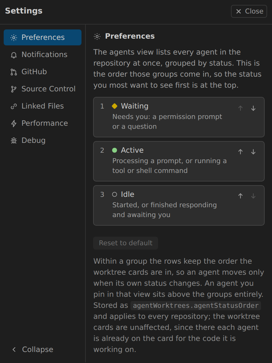 Settings, Preferences tab: the agent statuses in the order the agents view groups them, with up and down controls