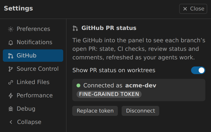 Settings, GitHub tab: the PR status toggle and the connected token