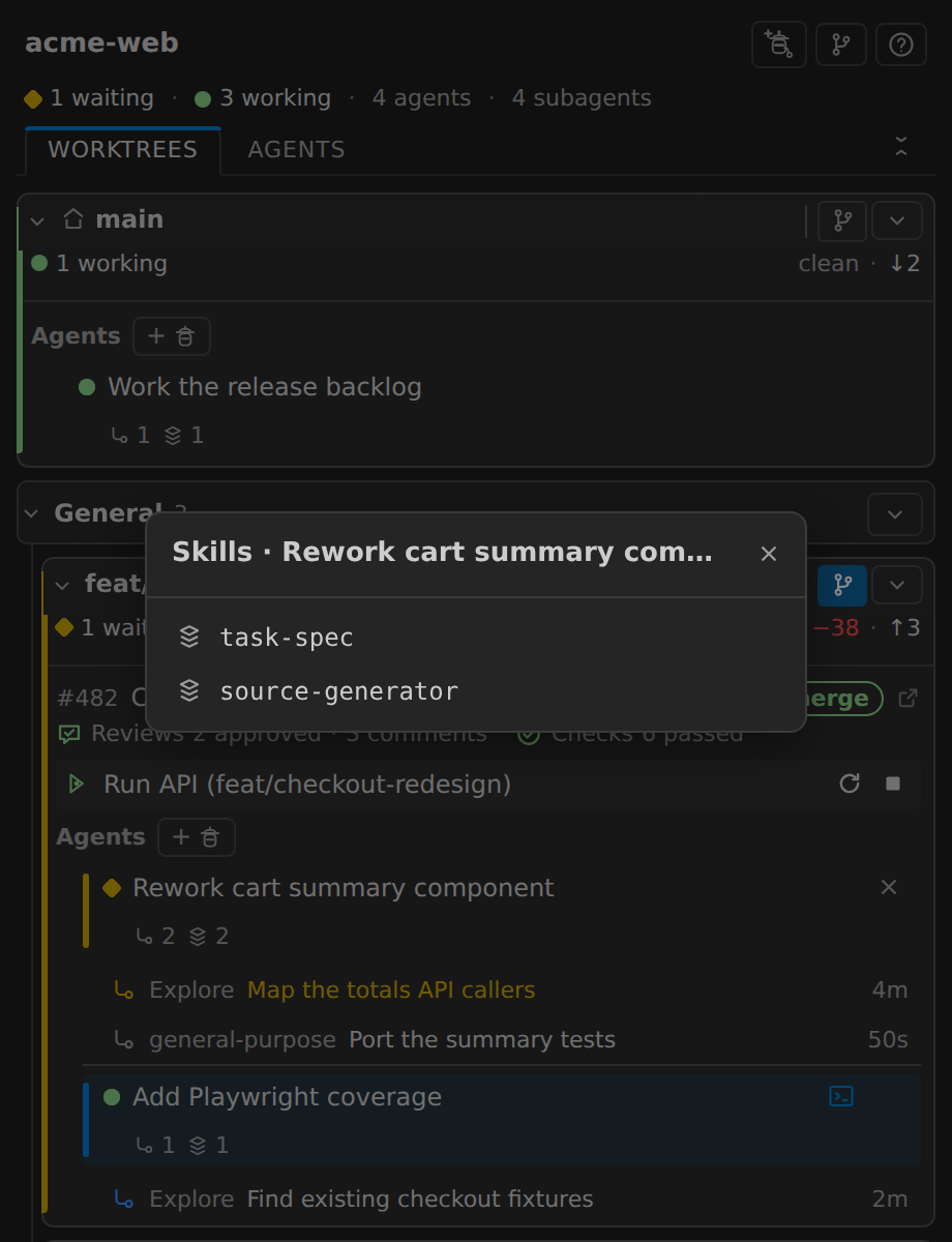 The skills modal listing the Claude skills one agent has invoked