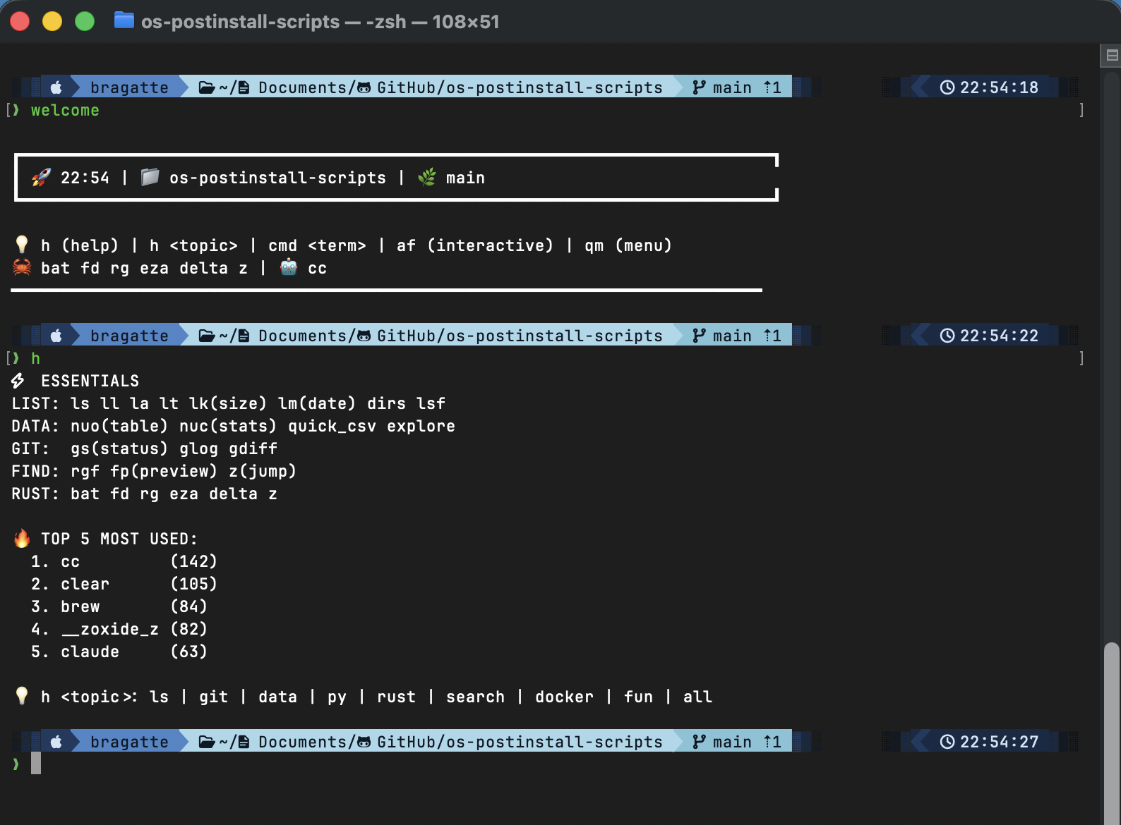 Terminal with starship prompt, custom aliases, and modern CLI tools