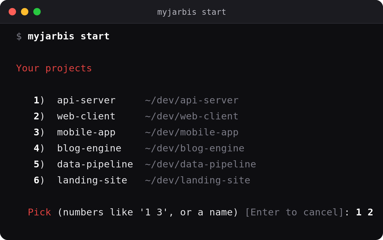myjarbis start — pick a project from anywhere