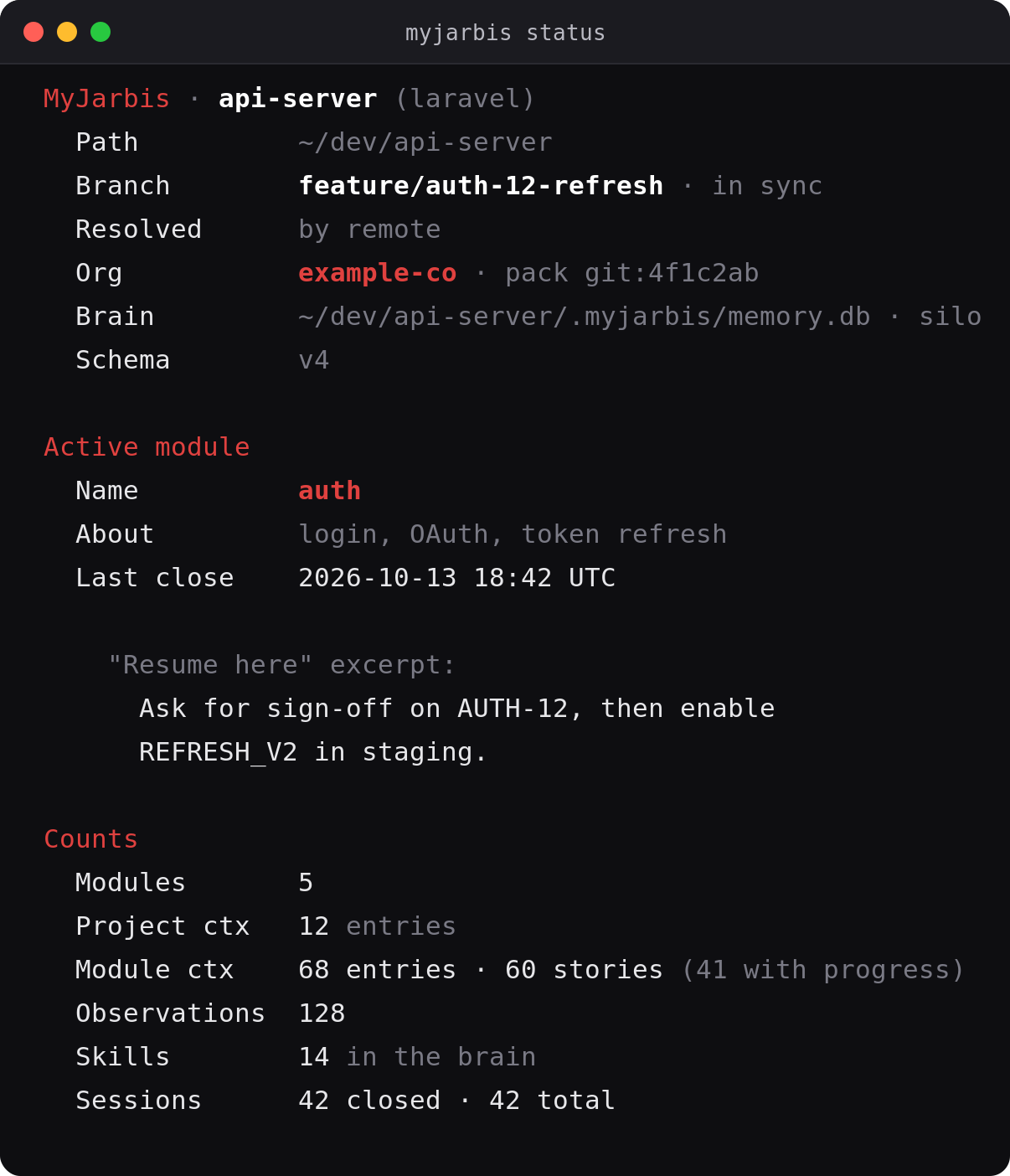 myjarbis status — git-like project overview