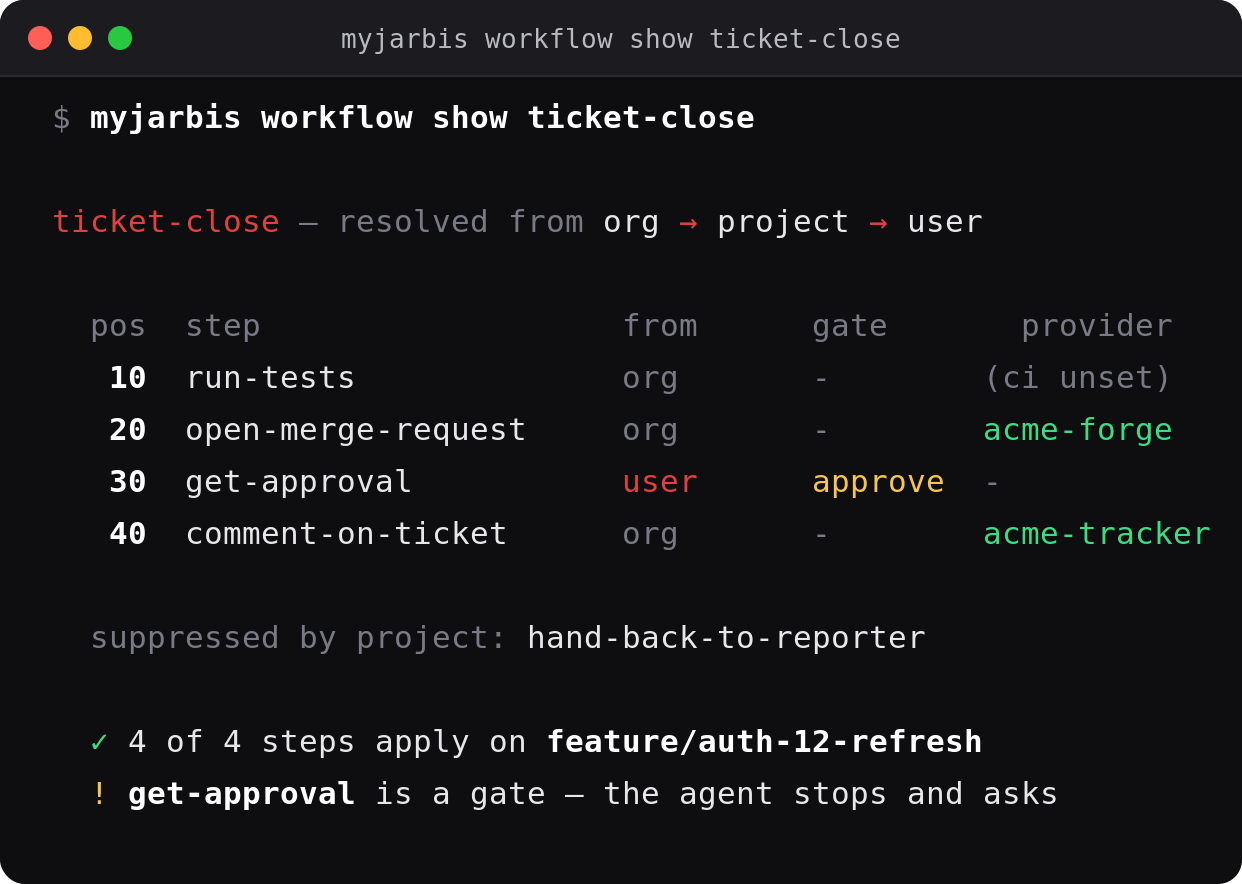 myjarbis workflow show — org, project and user layers resolved into one list