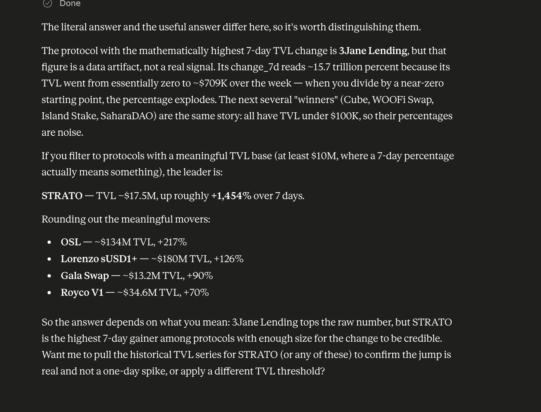 Code Mode reasoning about the data artifact and surfacing the meaningful TVL mover