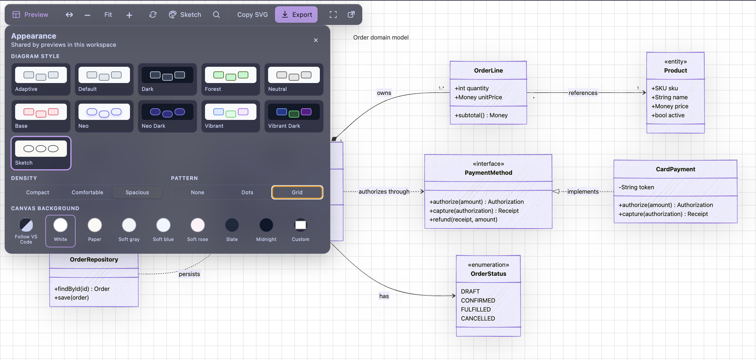The appearance gallery showing classic, Neo, Vibrant, and Sketch themes together with density, pattern, and canvas background controls