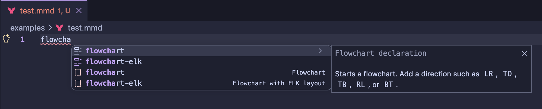 Mermaid declaration completion and contextual documentation in VS Code