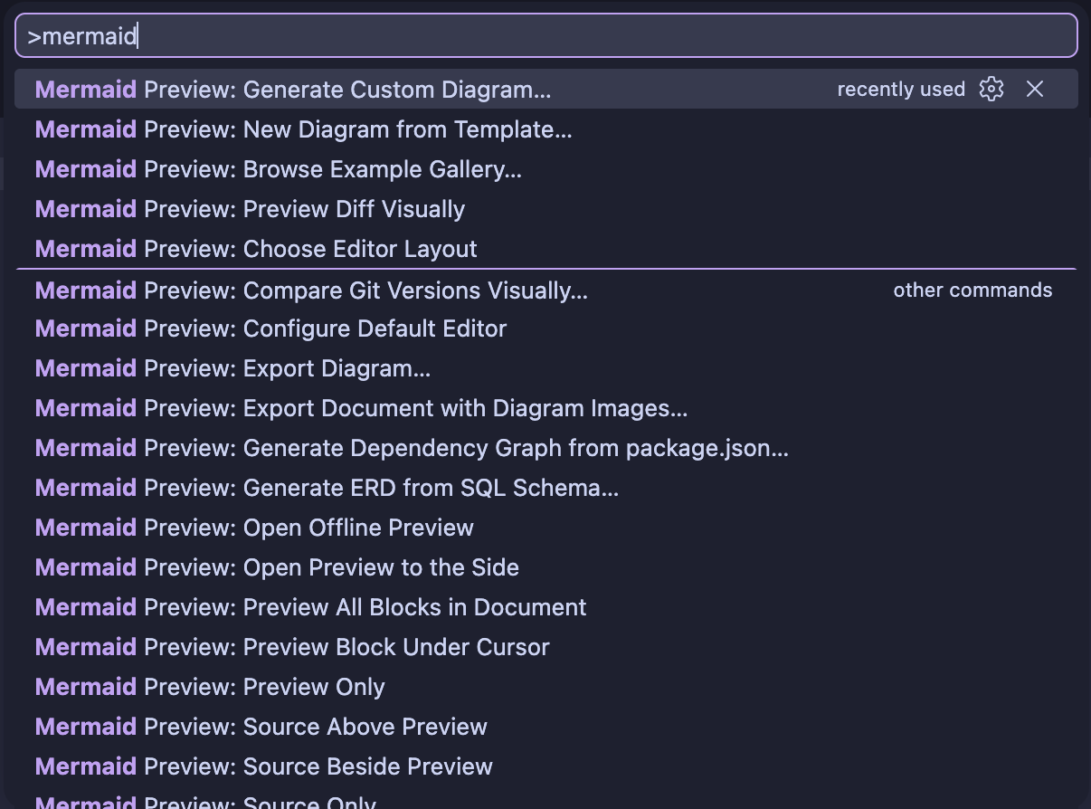 The Mermaid Preview Offline commands available from the VS Code Command Palette