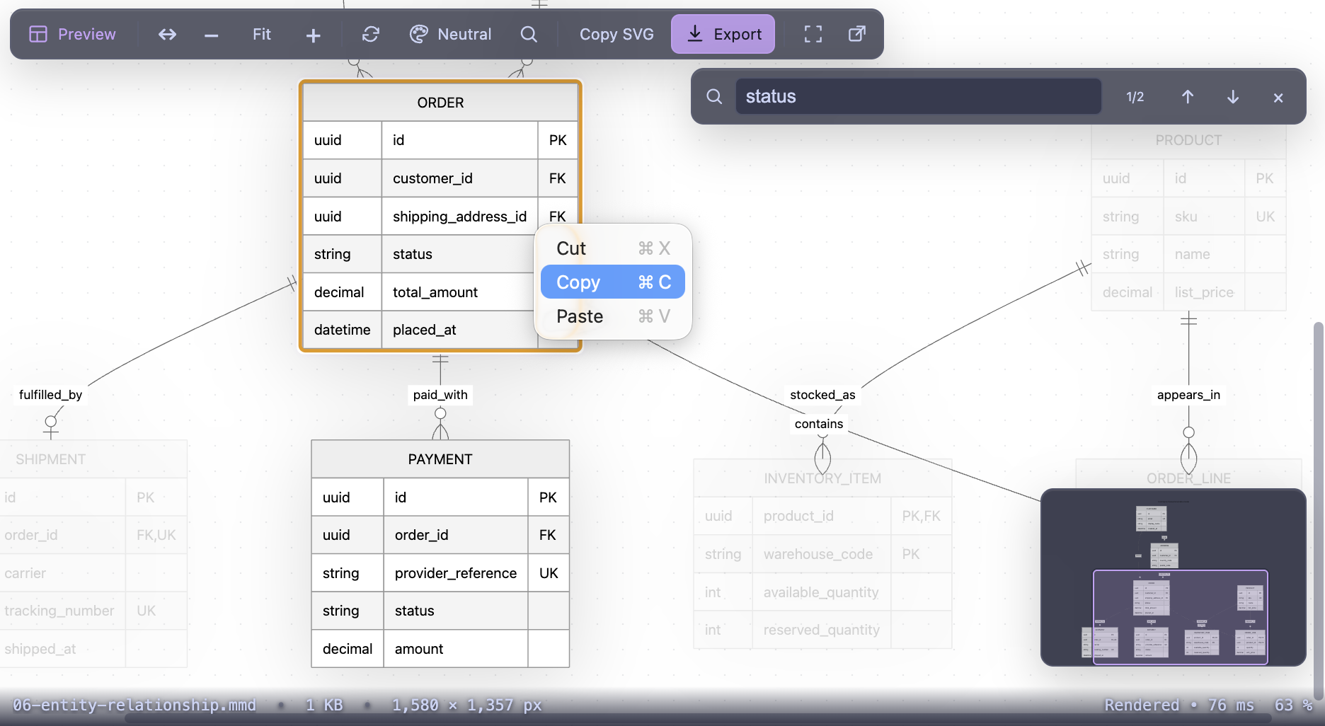 Copying the current Mermaid SVG from the preview while a search result remains highlighted