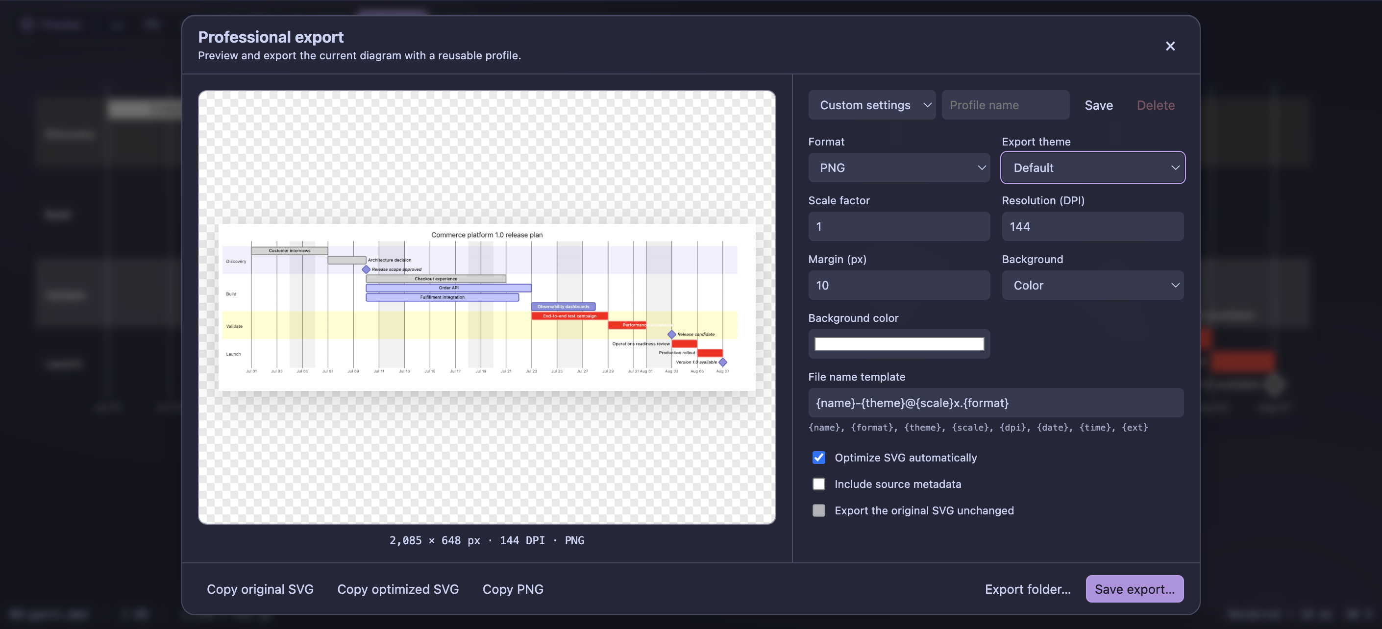 The professional Mermaid export dialog with a live Gantt preview and output settings