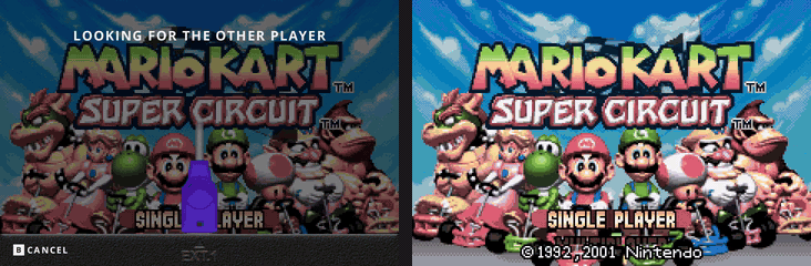 Two SPs racing in Mario Kart over the emulated link