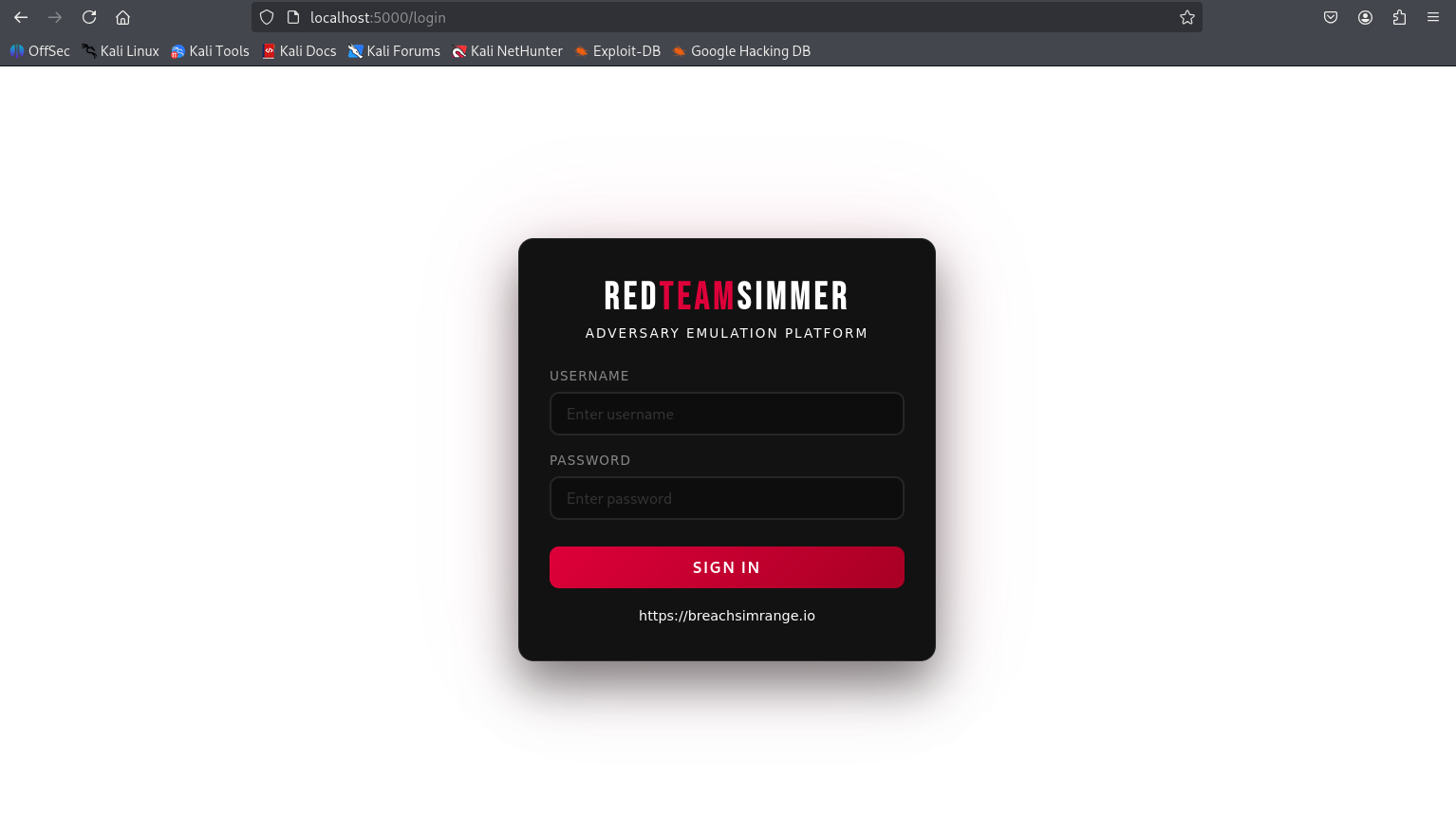 RedTeamSimmer login screen