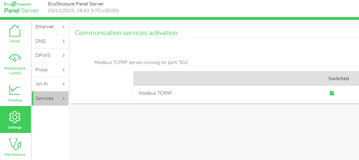 The modbus service configuration