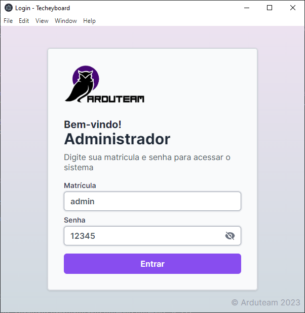 Tela de login preenchida pelo administrador