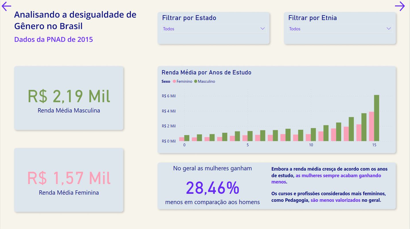 Página contendo insights sobre a renda contando a diferença entre homens e mulheres