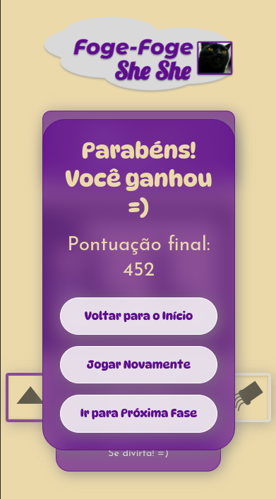 Screenshot da página de jogo após jogador ganhar