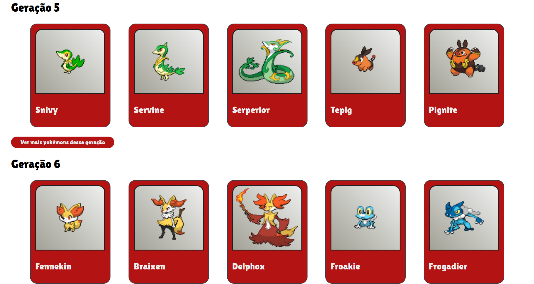 Listas dos Pokémons de cada geração