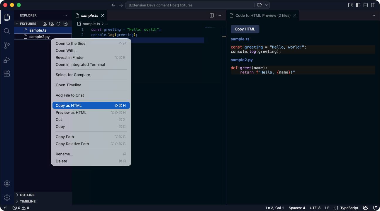 Screenshot of Code to HTML showing the right-click Copy as HTML menu and the live preview panel