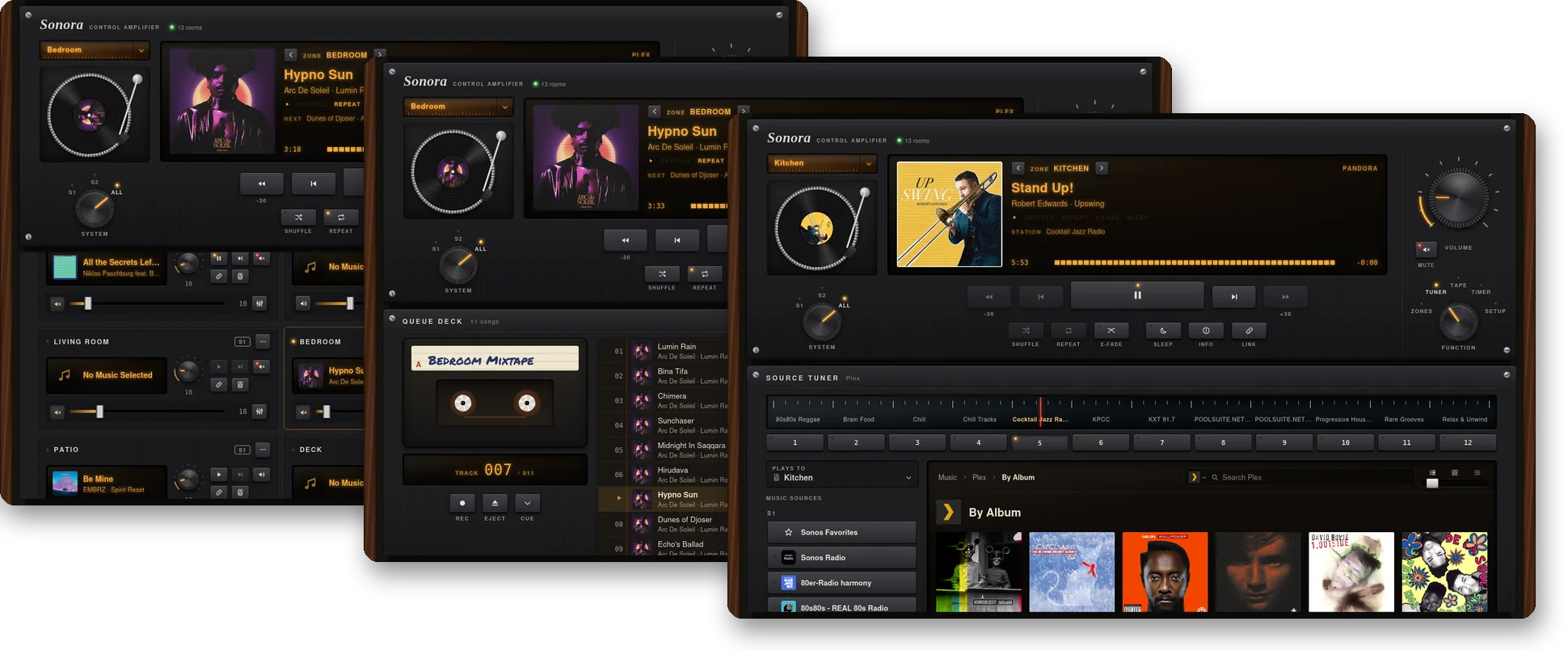 Hi-Fi theme in dark: Home, Now Playing and a music service