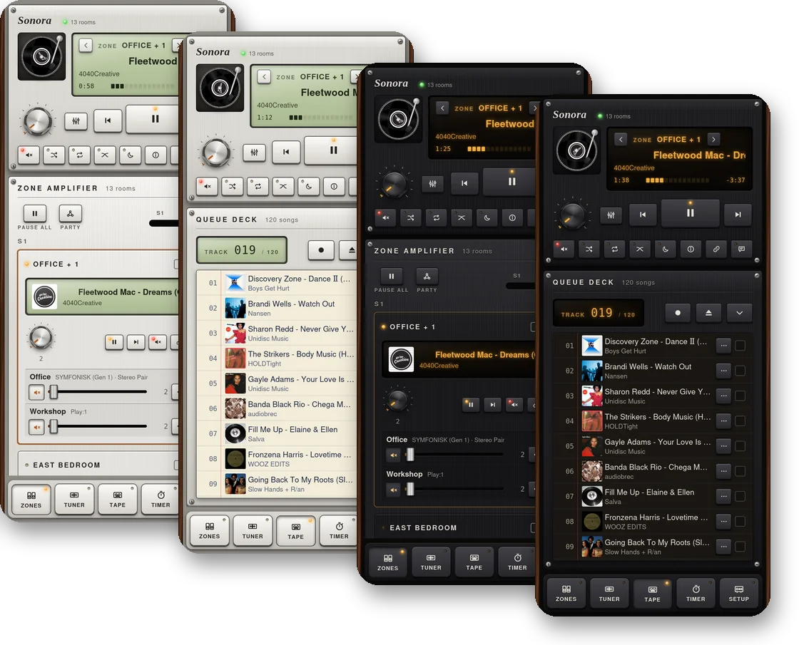 Hi-Fi theme on a phone: Home and the full-screen player, light and dark
