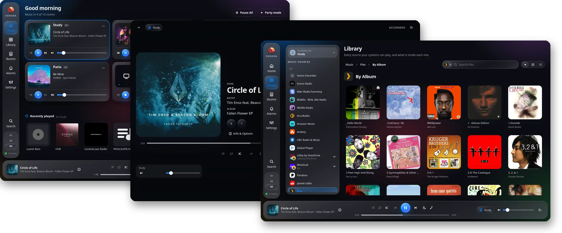 Liquid Glass theme in dark: Home, Now Playing and a music service