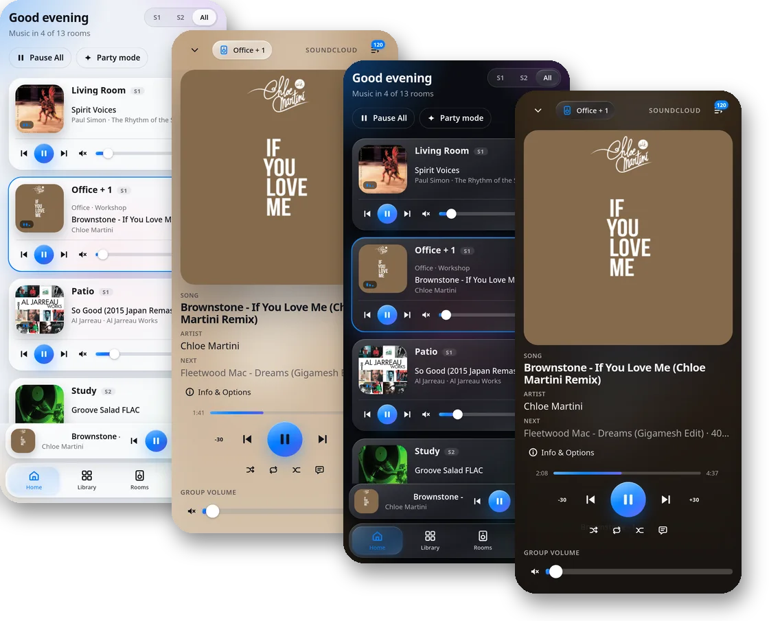 Liquid Glass theme on a phone: Home and the full-screen player, light and dark