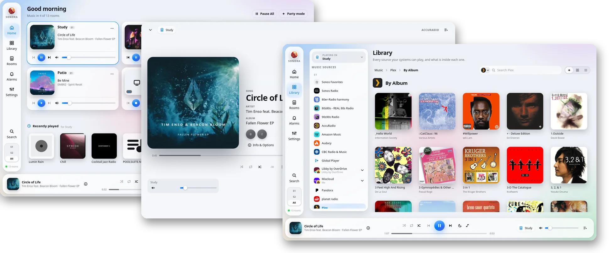 Liquid Glass theme: Home, Now Playing and a music service