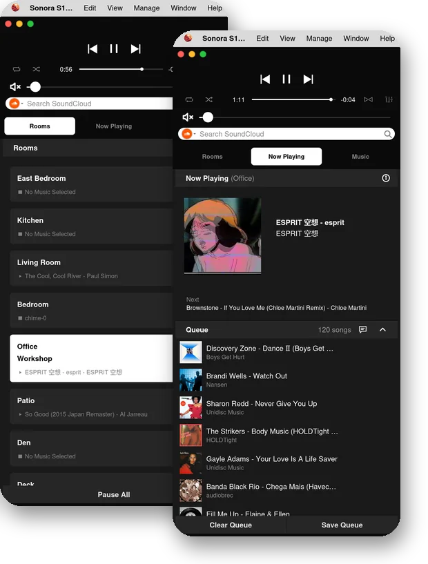 Sonos macOS Desktop theme on a phone: Home and the full-screen player