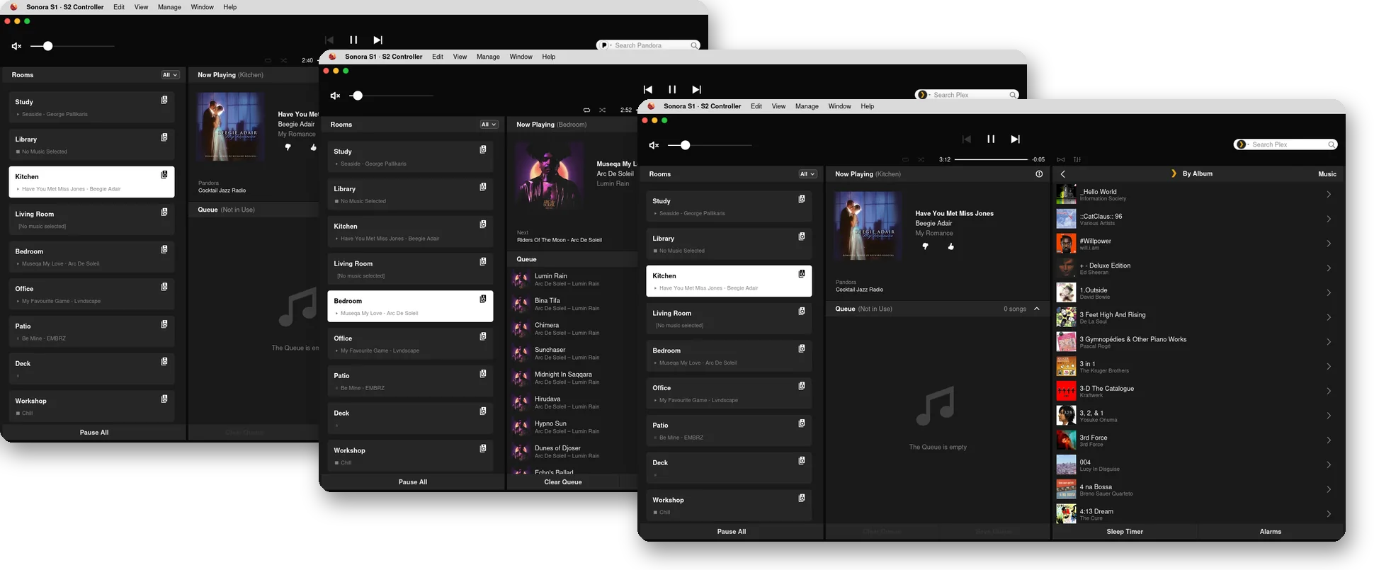 Sonos macOS Desktop theme: Home, Now Playing and a music service