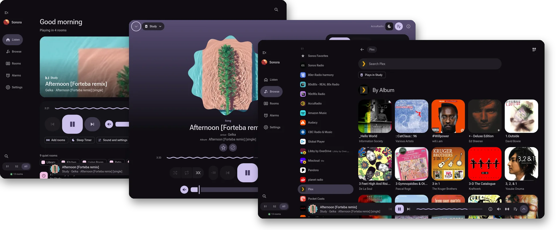 Material Girl theme in dark: Home, Now Playing and a music service