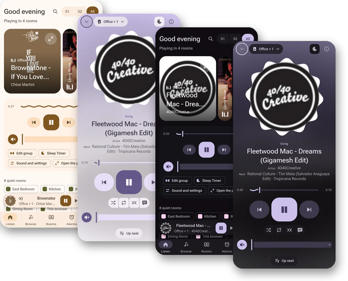 Material Girl theme on a phone: Home and the full-screen player, light and dark