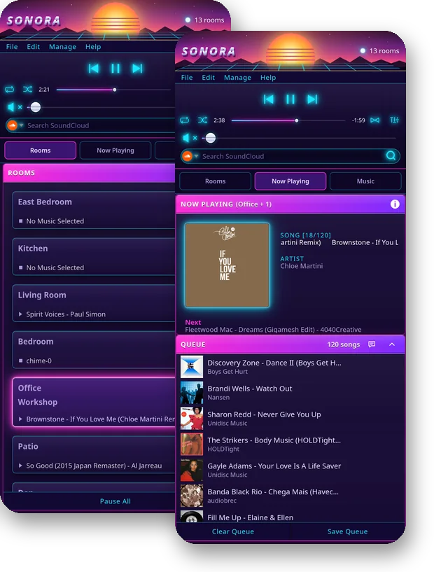 Outrun theme on a phone: Home and the full-screen player