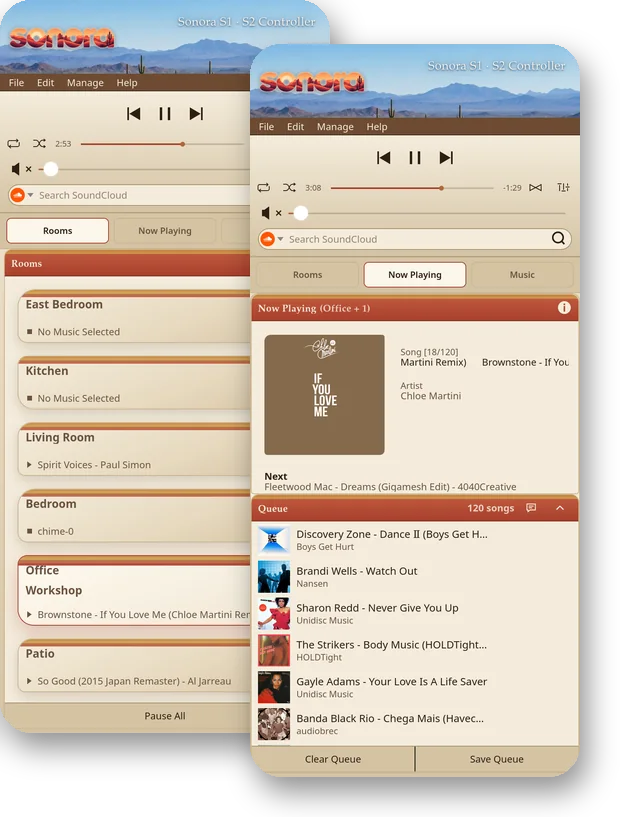 Sedona theme on a phone: Home and the full-screen player