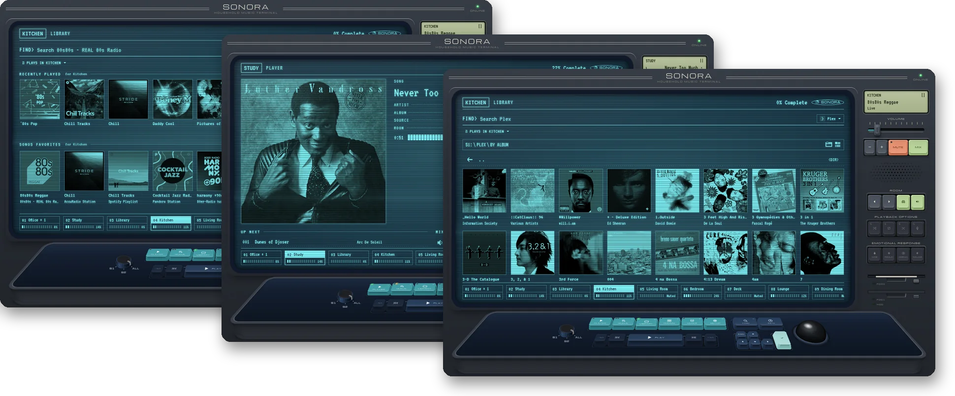 Severed theme in dark: Home, Now Playing, and a music service