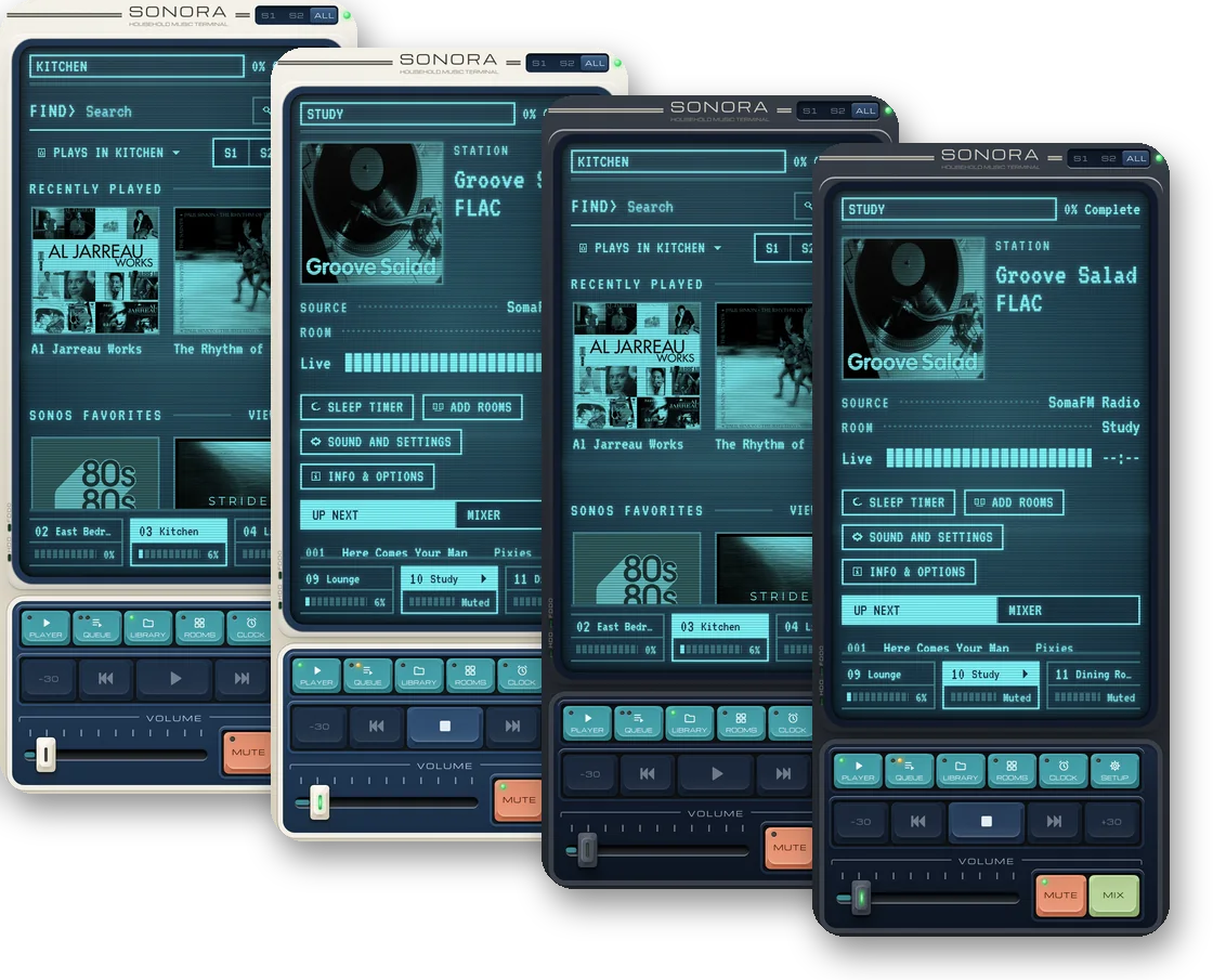 Severed theme on a phone: Home and the full-screen player, light and dark