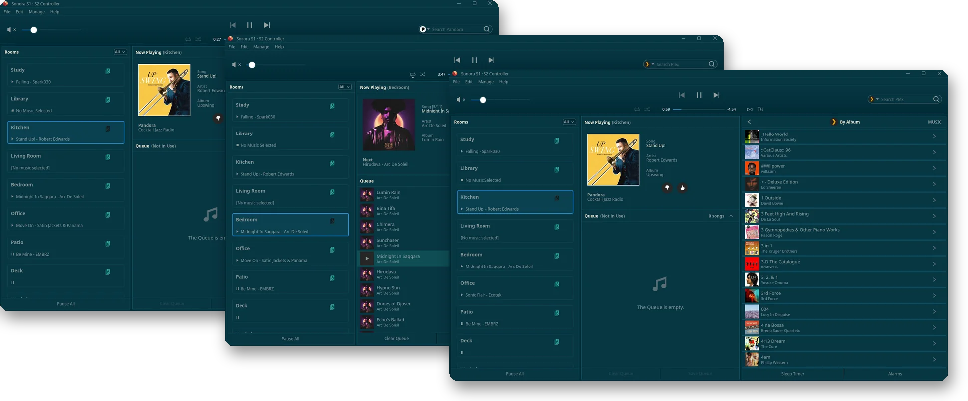 Solarized theme in dark: Home, Now Playing and a music service