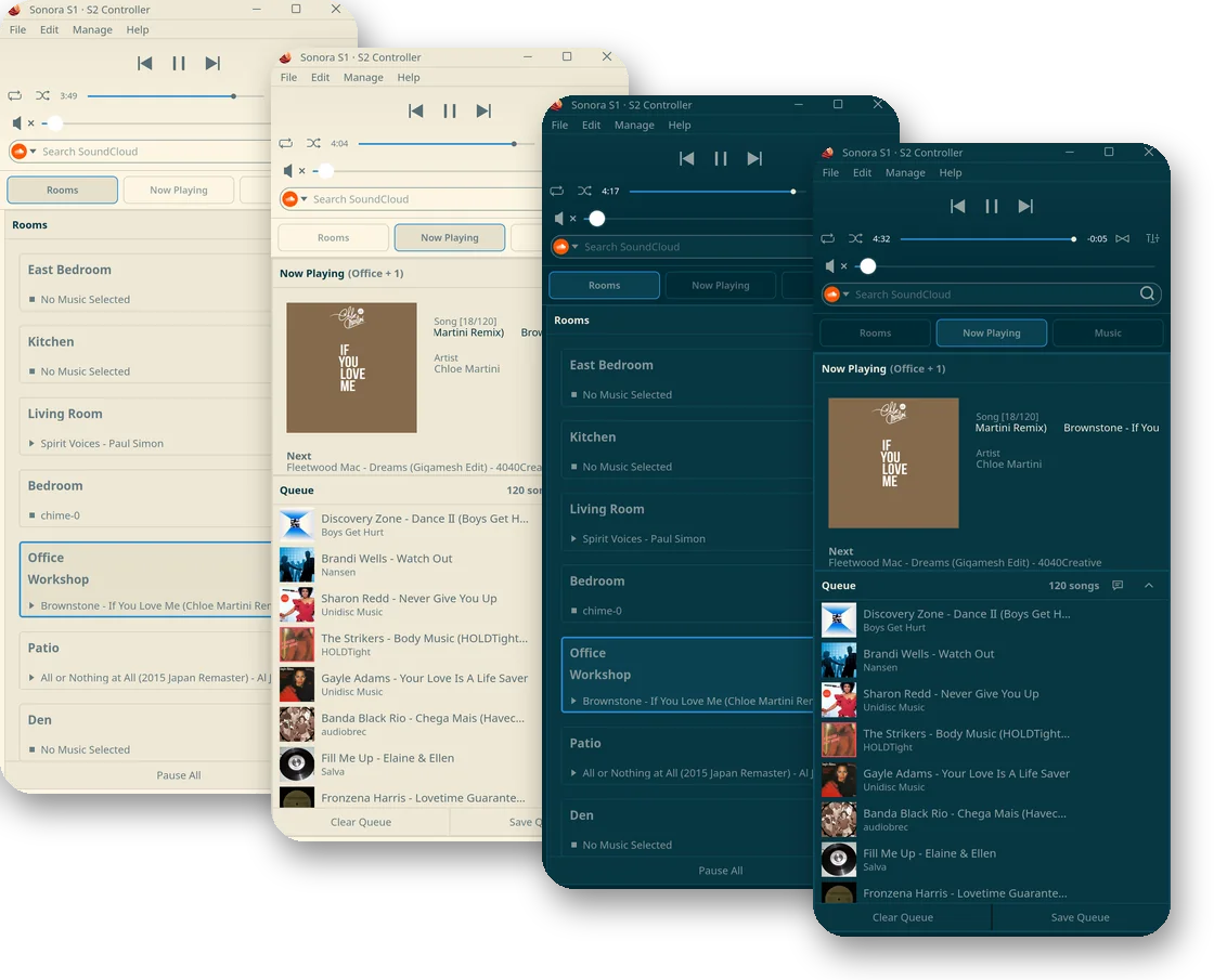 Solarized theme on a phone: Home and the full-screen player, light and dark