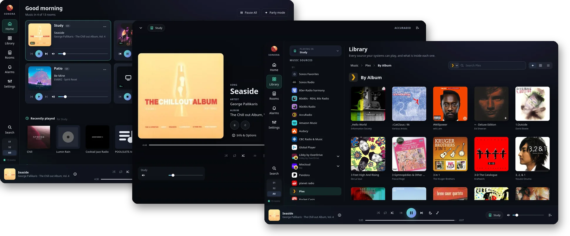 Sonofuture theme in dark: Home, Now Playing and a music service