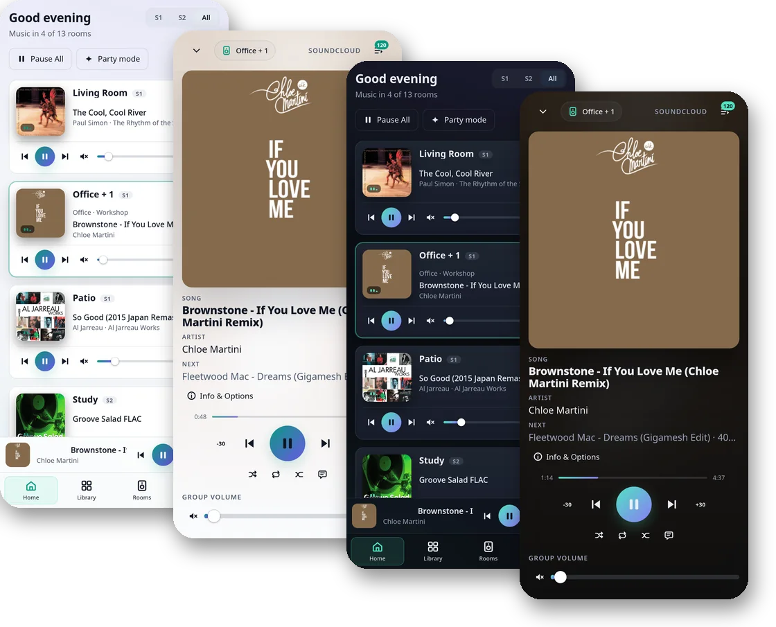 Sonofuture theme on a phone: Home and the full-screen player, light and dark