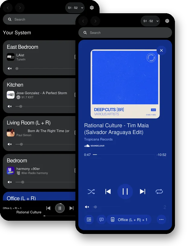 Sonos Web theme on a phone: Home and the full-screen player