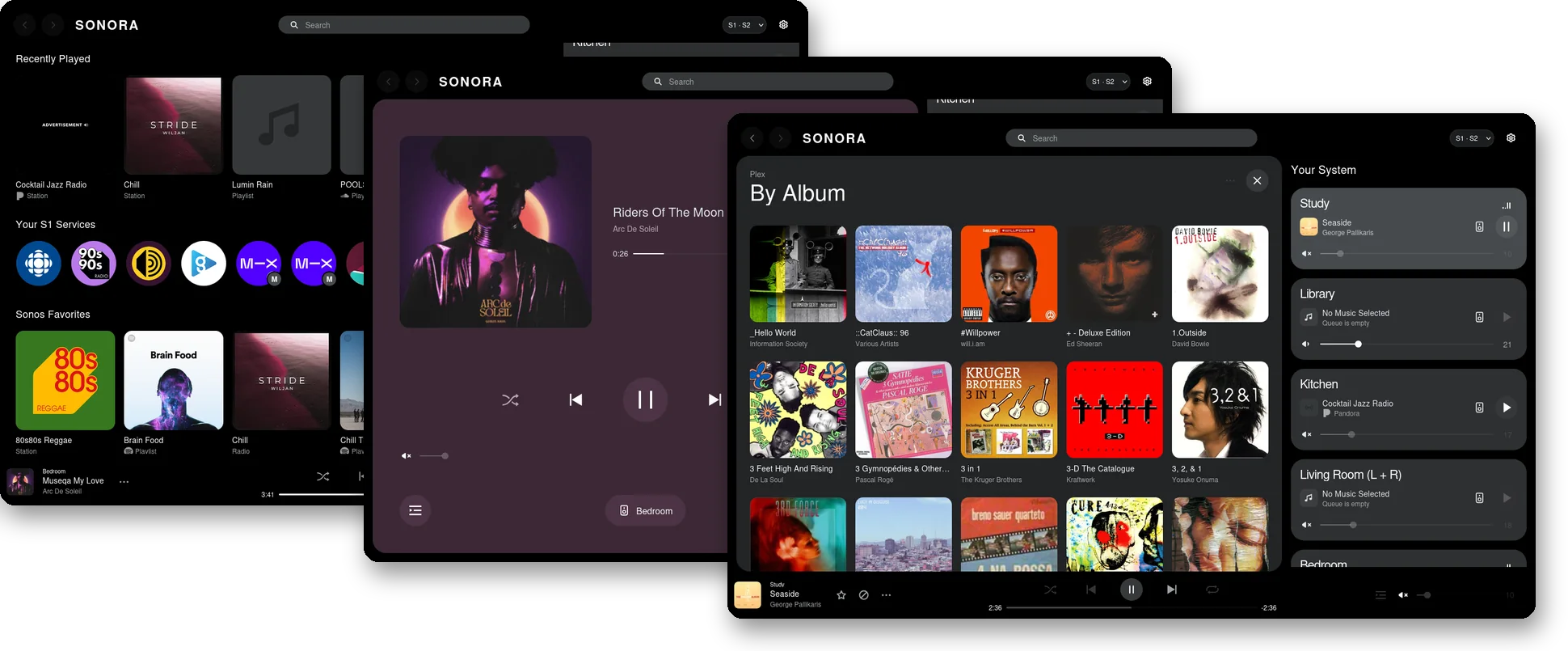 Sonos Web theme: Home, Now Playing and a music service