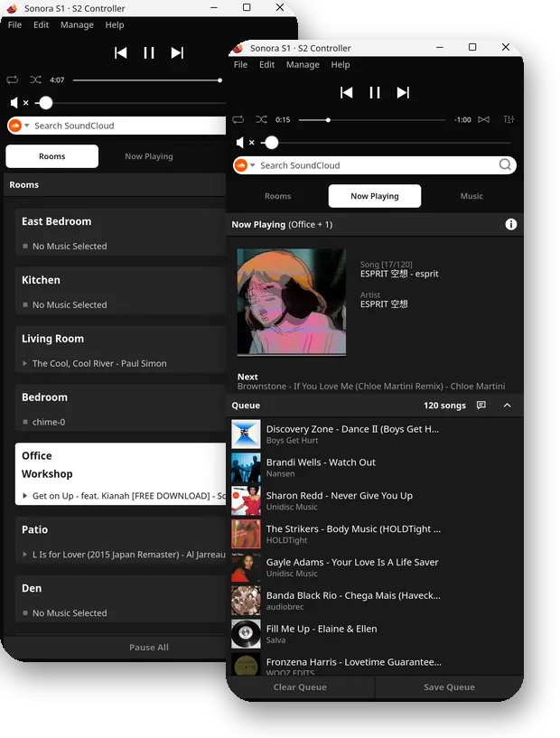 Sonos Windows Desktop theme on a phone: Home and the full-screen player