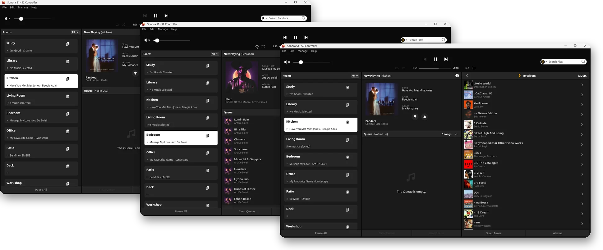 Sonos Windows Desktop theme: Home, Now Playing and a music service