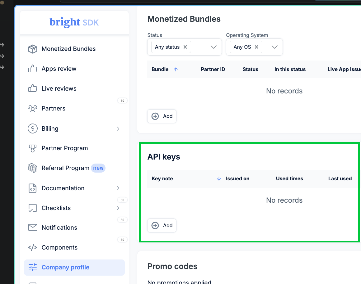 API keys section