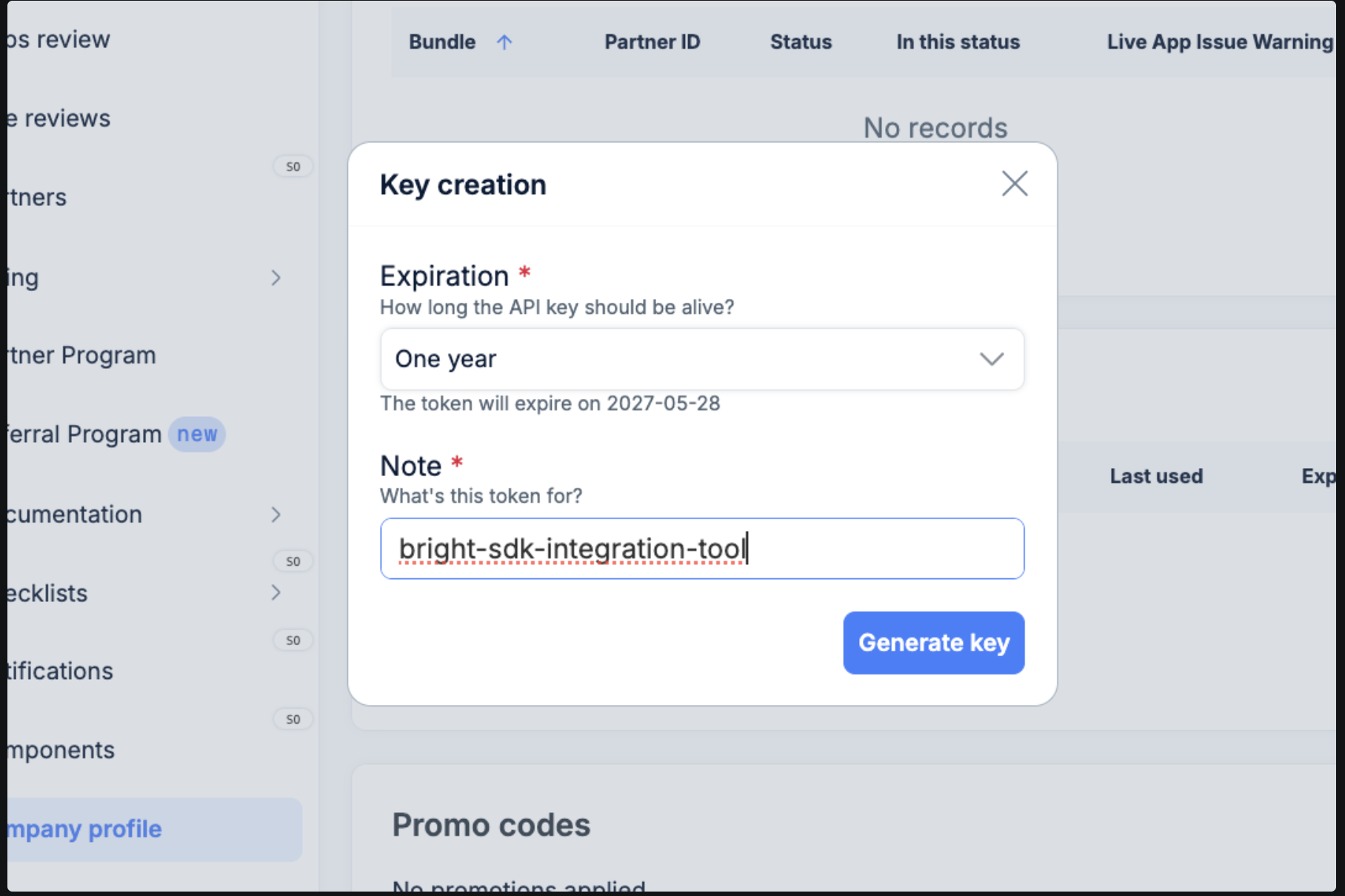Key creation dialog