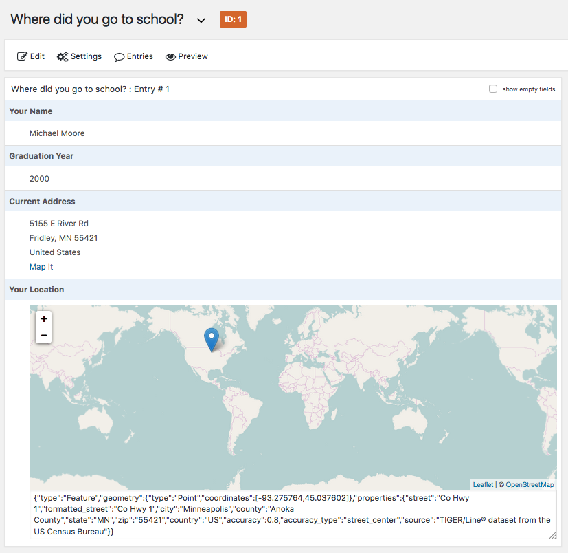 Brilliant Geocoder for Gravity Forms shows a map on the entry view page.