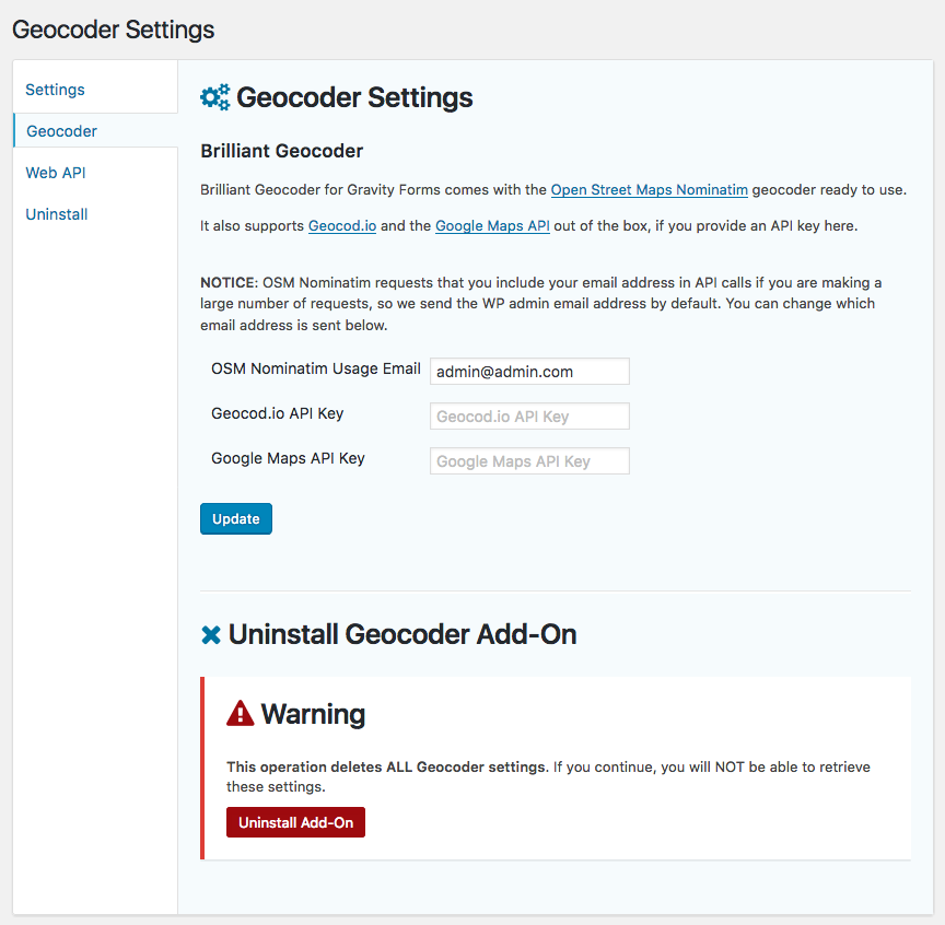 The Brilliant Geocoder for Gravity Forms settings page.