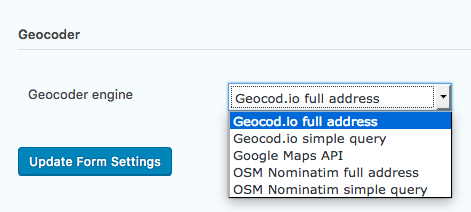 The Brilliant Geocoder for Gravity Forms individual form settings page.